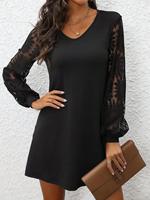 Robe mini décontractée pour femme à col en V, manches longues en dentelle, manches lanternes ajourées, tunique HX9190