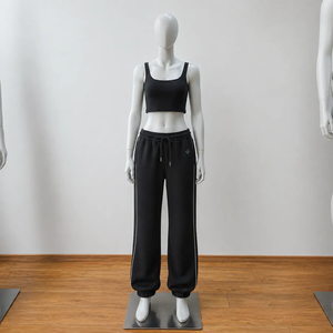 Produits personnalisés : <span class=keywords><strong>pantalon</strong></span> pour <span class=keywords><strong>femme</strong></span> 240GSM, couleur unie noire, haut sans manches contrastant, <span class=keywords><strong>pantalon</strong></span> large, ensemble pour <span class=keywords><strong>femme</strong></span> - Product Image 1