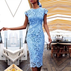 Robe midi en dentelle bleue, col rond, manches courtes, imprimé floral, robe de soirée pour femmes - Product Image 4