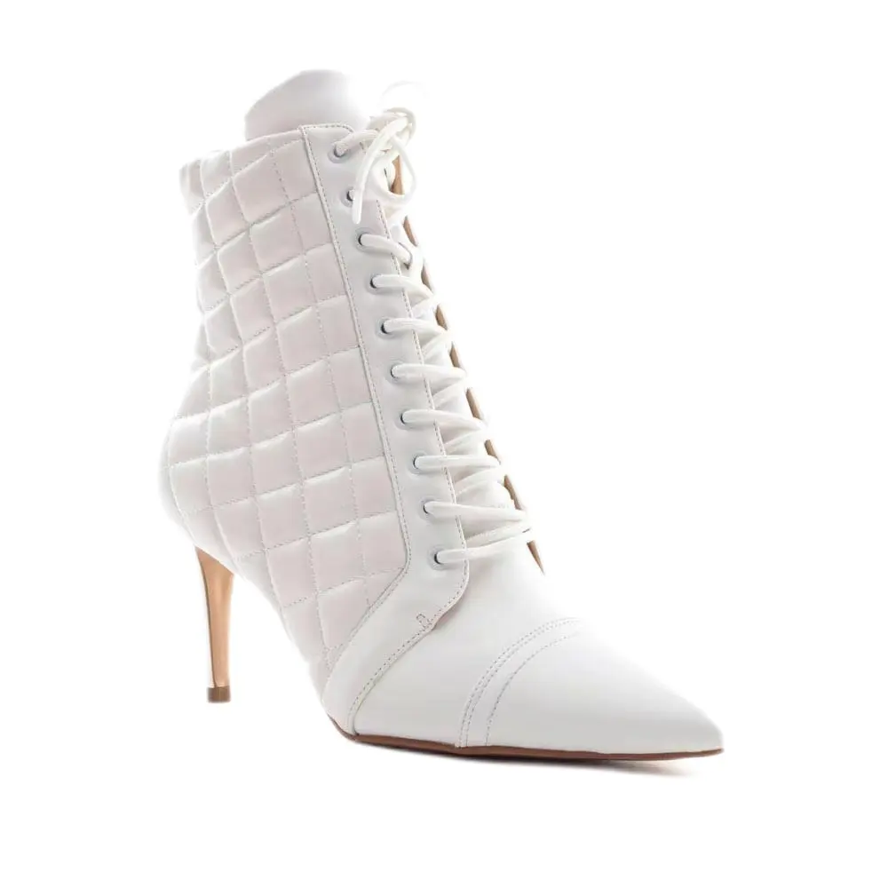 Botas tobilleras de cuero blanco, botines de tacón alto de lujo de alta calidad