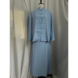 2026 Wholesale Summer Neo-Chinese <strong>Linen</strong> 2 Piece Set Frog Button Tunic and <strong>Maxi</strong> <strong>Skirt</strong> Periwinkle Modest Women Elegant Suit - Product Image 6