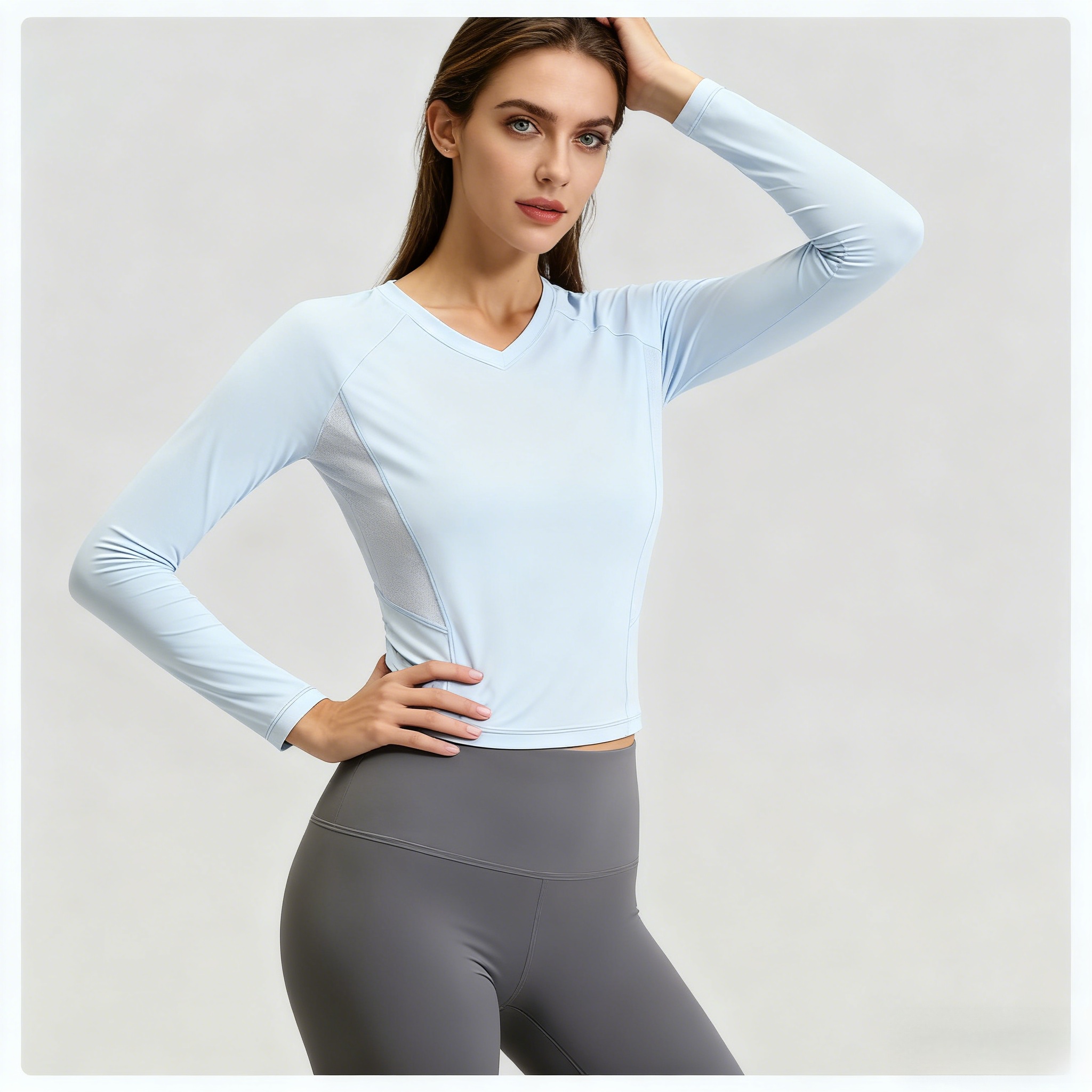 Women's Yoga Workout Tank Top Long Sleeve Quick Dry Sweat-Wicking Breathable V-Neck Back Mesh Sports Fitness Wear