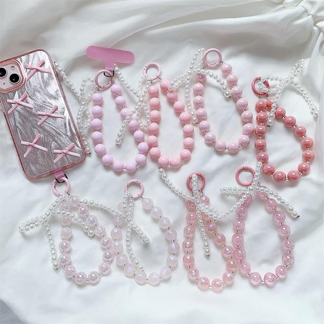 Aesthetic Pearl Bow Charm Beaded Phone Strap Y2K Cute Keychain Bag Pendant Girly Fashion Accessories Gift Collection