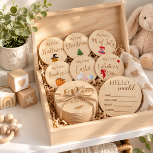 Disques personnalisés en bois pour étapes importantes de bébé, ensemble d'accessoires photo mensuels avec panneau de premières fêtes et statistiques de naissance, pour cadeau, vente en gros - Product Image 5