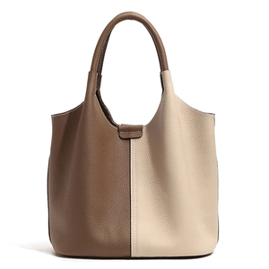 Nouveau sac fourre-tout en cuir véritable haut de gamme à couleur contrastante, fermeture éclair, doublure en polyester, sac à main panier pour femme, vente en gros - Product Image 1