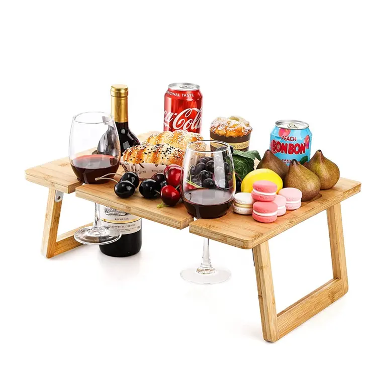 Mesa plegable de bambú para pícnic, bandeja de madera con soporte de vidrio, para vino y champán