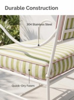 Fauteuil d'extérieur moderne de style parisien, écologique, imperméable, avec dossier en tissu rose, assise rayée verte et structure en métal blanc