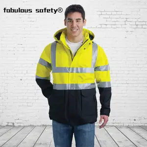 Unisex Yellow Black Reflective Waterproof High Visibility Safety Bomber Jacket with Hood