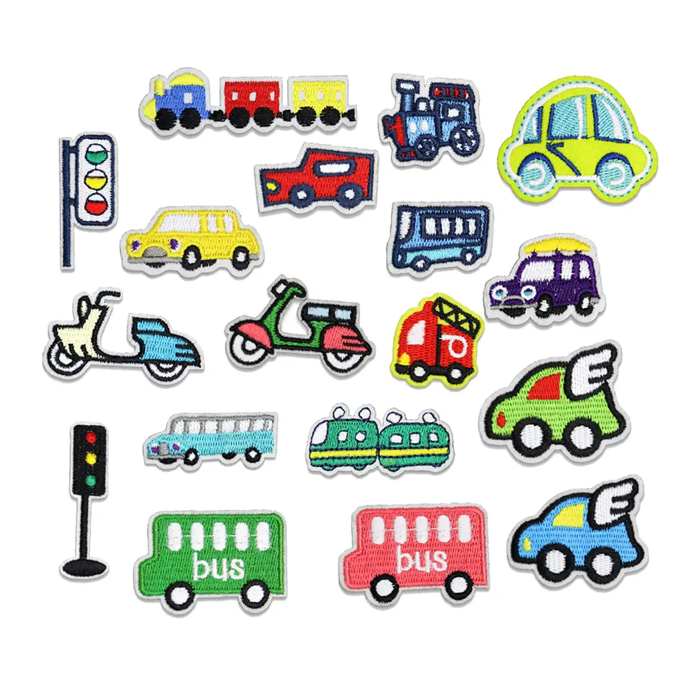 cute cartoon traffic vehicle tool small car bus motorbike train design iron on embroidery patches kids for clothes