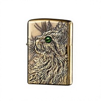 Briquet à kérosène vintage en laiton avec relief de chat, double face, en métal, coupe-vent, rechargeable, portable