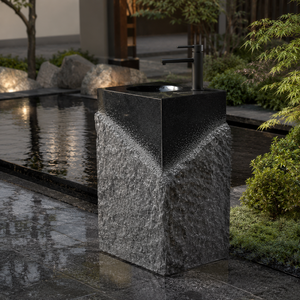 Lavabo de Pedestal de Piedra con Vetas de Mármol Negro, Lavabo de Resina para Encimera de Baño, Villa, Aseo - Product Image 6