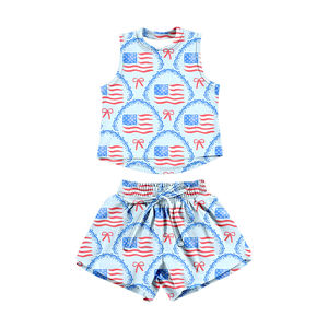 Conjunto de ropa infantil de verano para niña, con estampado de estrellas y rayas azules y rojas, sin mangas, al por mayor, GSSO3516Custom. - Product Image 2