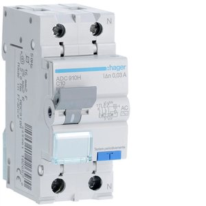 Hager RCBO 1P+N 10A Curva C 30mA Tipo AC 6000A per Protezione Elettrica - Product Image 1