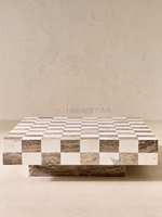 Table basse monolithique à motif de damier classique Table basse à blocage de couleur en forme de rectangle en marbre
