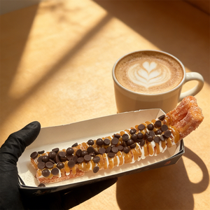 Modèle de churro espagnol réaliste en plastique de 9,5 pouces, accessoire de dessert artificiel écologique avec pépites de chocolat, caramel et sauces blanches. - Product Image 6