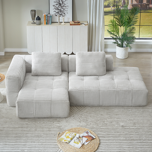 Canapé d'angle modulaire en forme de L, design moderne, revêtement en velours côtelé, pieds en bois, chaise longue sectionnelle convertible réglable - Product Image 3