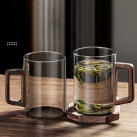 Tasse à eau en verre borosilicate résistant aux hautes températures avec poignée en bois massif, tasse à café, tasse à eau de bureau, tasse à thé en verre gris fumé durable