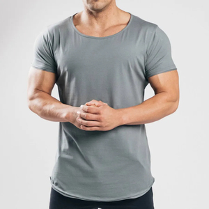 Raw Edge <b>Curved</b> <b>Hem</b> <b>Men</b> Muscle Fit Gym Sport <b>T</b> <b>Shirt</b> Big Wide Neck - Product Image 1