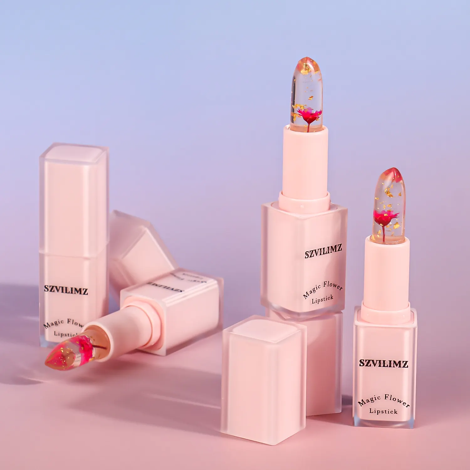 Lápiz labial de flor hidratante transparente, lápiz labial que cambia de Color, lápiz labial de gelatina de flor de etiqueta privada OEM