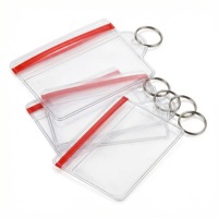 Dompet Kartu Horizontal Transparan Lembut Warna Merah Tahan Air dengan Ritsleting, Ringan, Gantungan Kunci, Tempat ID Card, Dompet PVC untuk 3 Kartu