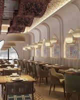 Ensemble de meubles de restaurant et d'hôtel modernes en cuir, table et chaises de restaurant rembourrées en velours avec plateau en marbre, design durable