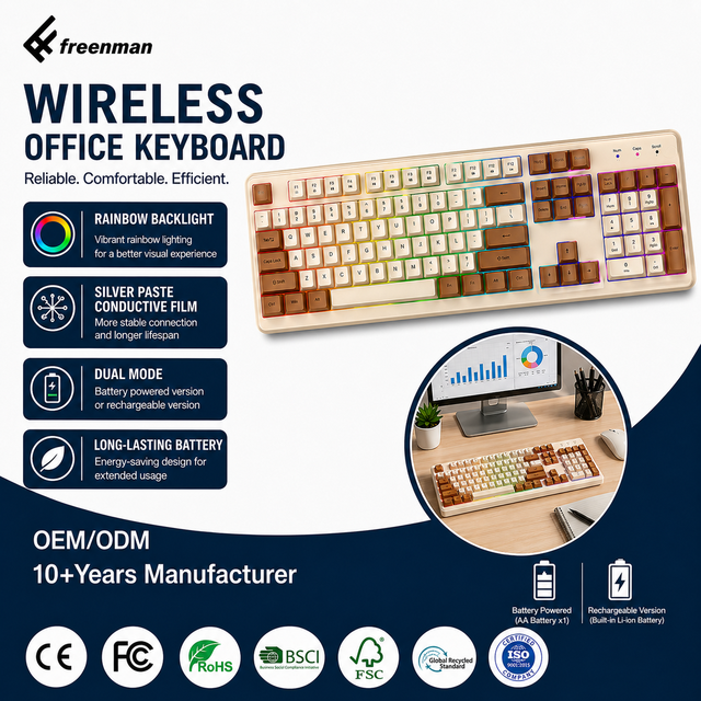 Wireless  Membrane Keyboard RGB Backlit Office Keyboard USB Rechargeable for PC Laptop 104 Keys