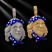 Collier Pendentif Bling en Laiton Entièrement Sertie de Zircons Cubiques, Motif Franklin, Design Bandana Bleu, Accessoire de Cou pour Homme Rapper