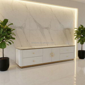 Nouveauté Meuble <span class=keywords><strong>TV</strong></span> moderne avec base en acier doré, cadre en bois blanc et plateau en pierre frittée pour salon, atelier - Product Image 6