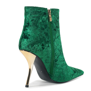 Bottines à talons irréguliers en velours doux pour femmes, avec fermeture éclair latérale et bout pointu, talons hauts à crochet doré - Product Image 6