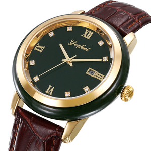 Montre de couple étanche 30M avec mouvement à quartz japonais et placage IP, cadran en jade Hetian vert et bracelet en cuir véritable, montres de luxe pour couple - Product Image 4