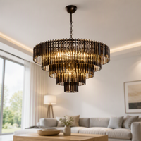 Lustre Cano Lighting en verre noir bronze, bandes de verre verticales denses en niveaux, lumière de plafond pour la maison à l'éclat chaleureux
