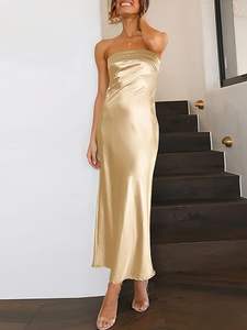 فستان سيدات أنيق ومخصص طويل من الساتان بدون حمالات مثير وعاري الظهر مفرغ رسمي فستان سهرة للزفاف - Product Image 5