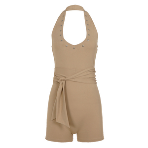 Combinaison courte décontractée pour femme, en maille, col halter, détails rivets, sans manches, coupe ajustée - Product Image 6