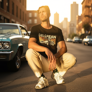 T-shirt retrò Delorean da uomo, maglietta nera con grafica, design auto vintage, abbigliamento casual - Product Image 3