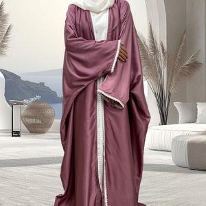 9.9 Smooth Satin Muslim Women Latest <b>Abaya</b> Shiny Diamond With Lace Border Batwing Sleeves Gaily New Muslim Open <b>Abaya</b> 1429# - Product Image 5