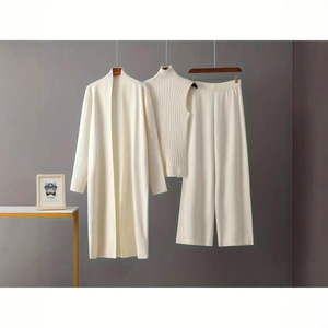 Women's Knitwear Set Long <b>Cardigan</b> Turtleneck Sweater Wide Leg Pants Three Piece Solid Color Viscose Fiber Autumn Winter Wear - Product Image 1