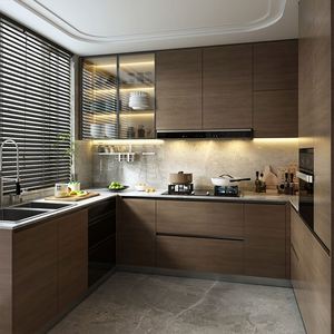 Juego de Muebles de Cocina Estilo Industrial Loft con Madera de Roble Reciclada, Herrajes Expuestos, Puerta de Vidrio y Encimera de Mármol, Accesorios para Bisagras - Product Image 4