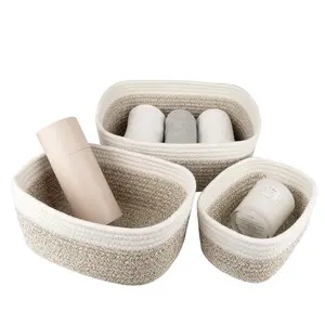 Custom Design Desktop Bin Set Handmade Set Of 3 Storage Rectangle Cotton Rope Basket For Everything