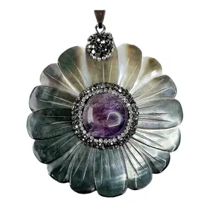 MOP216 Large Sun Flower Pendant Stunning Carved Black Sea Shell with Amethyst Cabochon Jewelry