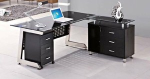 Bàn văn phòng thường xuyên Kích thước văn phòng hiện đại Đồ nội thất kim loại + kính văn phòng bảng Ông Chủ điều hành L hình bàn - Product Image 2