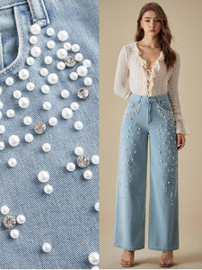 <span class=keywords><strong>Jean</strong></span> en denim décontracté pour femme Huangqiu de haute qualité, orné de perles, coupe ample, jambe large, taille haute, teinte bleue - Product Image 5