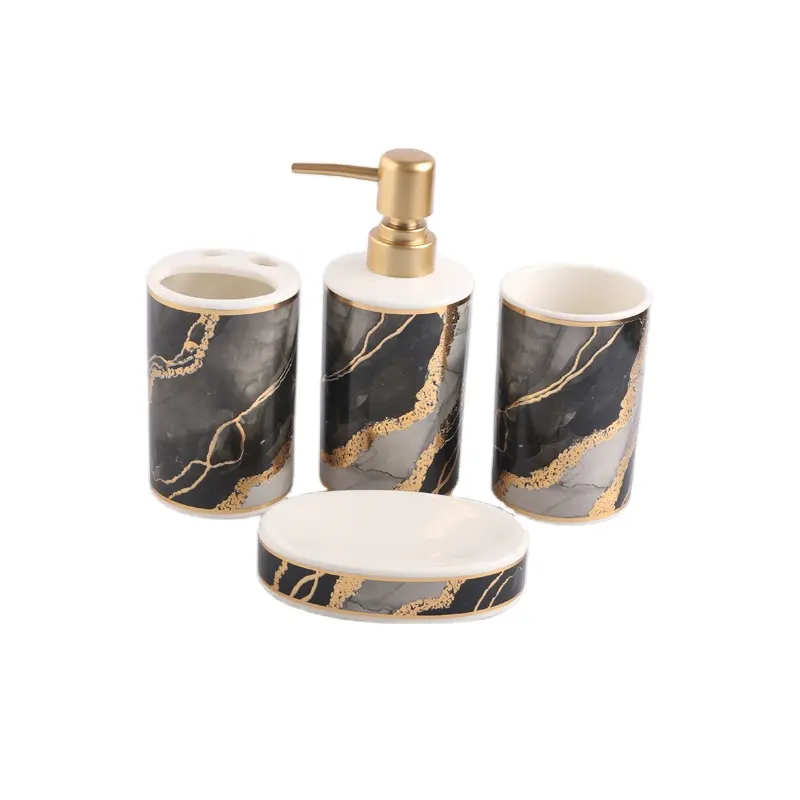 Home Hotel Decorative Modern Gold Design Marble 4PCS Ceramic Bathroom Accessories Set