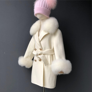 Manteau en laine pour maman et <span class=keywords><strong>moi</strong></span>, très tendance, avec col en vraie fourrure de <span class=keywords><strong>renard</strong></span>, manteau long en cachemire pour enfant avec ceinture, manteau en vraie fourrure de <span class=keywords><strong>renard</strong></span> - Product Image 4