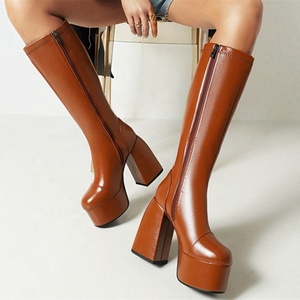 Elegant <b>Block</b> Heel Knee Boots for Women Plush Winter Warm Outdoor Shoes Platform Round Toe Plus Size 48 - Product Image 2