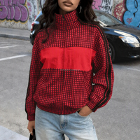 Veste de survêtement personnalisée en gingham pour femme, coupe-vent colorblock à carreaux, col montant, fermeture éclair intégrale, manches rayées, style sportif, OEM