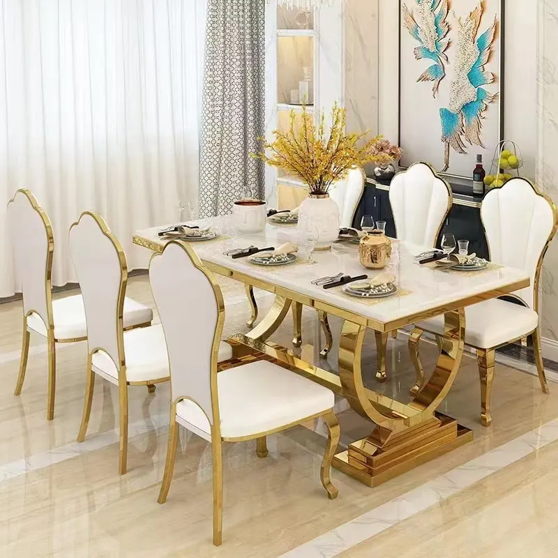 Dining Table and 6 Chair Set Luxury Modern Restaurant Home Dining Room Table Glass Mdf Wooden Top Round Dining Table Set