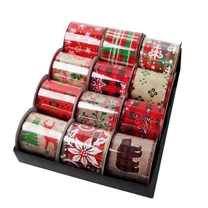 New product custom printed Christmas wired ribbon 63mm Christmas tree linen edge wired burlap ribbon supplier