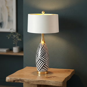 Contemporary Metal Table Lamp with Black White Stripe Pattern Gold Base White Fabric <b>Drum</b> <b>Shade</b> E26 AC Wire Living Room Decor - Product Image 2