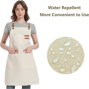 Tablier de chef crème en toile de coton 12 oz, résistant à l'eau, à bretelles croisées, avec poches surdimensionnées pour la cuisine - Product Image 3