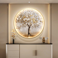 Peinture Moderne Arbre d'Argent Hall d'Entrée Art Décor Peintures Rondes Incrustées de Diamants Peinture LED Lumineuse